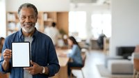 Middle-aged African American male professional displaying blank tablet device in modern office environment with colleagues working in background.