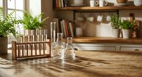 Laboratory test tubes in wooden rack with glass beakers on rustic kitchen counter for scientific research and educational experiments at home.