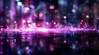 Glowing pink and purple bokeh lights reflected on wet surface creating magical nighttime urban atmosphere with blurred city silhouette in background.