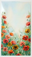 Watercolor poppy field with red and orange blooms, soft green stems, and pastel sky, framing a blank copy space for cards or posters.