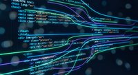 Digital code streams with glowing neon lines flowing through programming syntax. Abstract technology background for web development and software projects.