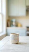 Ceramic cup with organic glaze sitting on wooden table in bright kitchen with natural light from window, suitable for home decor and lifestyle content.