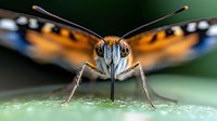 Extreme close up macro photograph of orange and black butterfly face with antennae and compound eyes showing intricate details against blurred natural background.