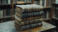Stack of weathered antique books with worn leather bindings and gold lettering on wooden surface against blurred library background, creating nostalgic academic atmosphere.