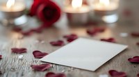 Blank white card with red rose petals scattered on rustic wooden surface, romantic candlelight setting creates soft bokeh background for Valentine's day or wedding message.