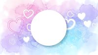 Romantic watercolor background with hearts and white circle frame in pastel pink, purple and blue colors for Valentine's Day design projects.