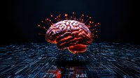 Glowing red brain floating over digital circuit pattern background with light particles, representing artificial intelligence and neural network technology.