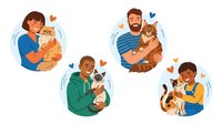 Happy pet owners cuddling with their beloved cats and dogs showing love and affection in colorful cartoon style isolated on white background.