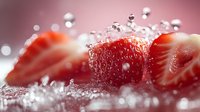 Fresh ripe strawberry slices with water drops and splashes on pink background, extreme close up macro shot with selective focus and bokeh effect.