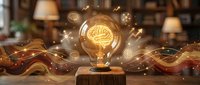 Glowing light bulb with brain symbol and golden energy waves on wooden base, representing innovation, creativity, and intelligent solutions for business concepts.
