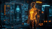 Futuristic digital human body scan with glowing orange anatomical model and blue interface showing detailed medical diagnostics in dark high-tech environment.
