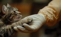 Veterinarian in protective gloves examining gray tabby cat during medical checkup, close up view showing gentle professional care and animal trust.