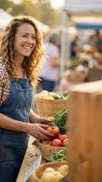 Happy Caucasian woman farmer in denim apron selecting fresh tomatoes at outdoor farmers market during golden hour sunset with organic vegetables display.