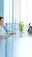 Professional businesswoman presenting holographic customer support interface with 24/7 service icons in modern office environment for digital marketing.
