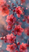 Delicate pink cherry blossoms with morning dew drops sparkle against soft blue background, creating dreamy bokeh effect. Macro photography captures spring flowering branch.
