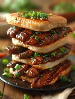 Stack of grilled sausage sandwiches with fresh herbs on wooden background. Delicious barbecue food concept for restaurant menus and cooking blogs.