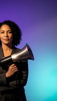 Professional African American businesswoman holding megaphone against vibrant purple blue gradient background for corporate communication campaigns.