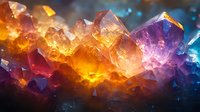 Colorful crystal formation with glowing orange, purple, and blue gemstones illuminated from within against dark background.