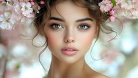 Young woman with natural makeup and curly hair wearing floral crown of pink cherry blossoms against soft spring background, beauty portrait with dreamy atmosphere.
