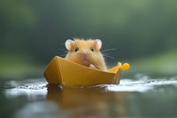Adorable golden hamster sitting in yellow paper origami boat on water surface against green blurred background, creating whimsical outdoor scene for children stories.