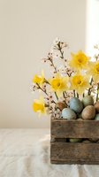 Spring flower arrangement with yellow daffodils, cherry blossoms and speckled eggs in rustic wooden crate on neutral background for seasonal decor.