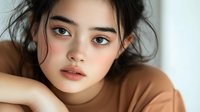 Young Asian woman with natural makeup and messy dark hair lying down, wearing beige top, looking directly at camera with soft dreamy expression.