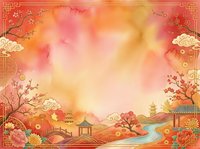 Watercolor landscape with traditional Asian architecture, blooming flowers, and ornamental clouds in warm sunset tones. Suitable for greeting cards, invitations, and cultural design projects.