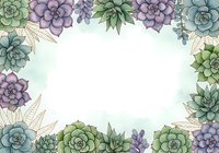 Watercolor succulent frame with green and purple plants creating decorative border on white background for wedding invitations and botanical designs.