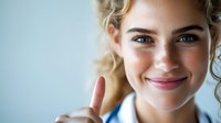 Young blonde woman with blue eyes and natural makeup showing thumbs up gesture against light background, expressing positivity and approval.