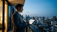 Businessman in dark suit holding tablet standing at high-rise window overlooking city skyline at sunset, urban professional workspace for corporate and business concepts.