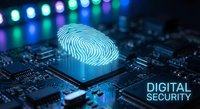 Glowing fingerprint hologram on computer circuit board representing digital security and biometric authentication technology with colorful LED lights background.