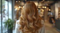 Woman with long wavy blonde hair from behind in a salon with blurred background and bokeh lights, showcasing professional hairstyling.