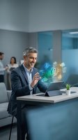 Middle-aged man with gray hair and light skin, wearing dark blazer and light shirt, smiling while using tablet with glowing digital security icons displayed. Corporate office setting.