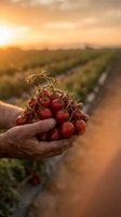 Farmer hands holding fresh cherry tomatoes at sunset in agricultural field with golden light and crop rows in background for organic farming concept.