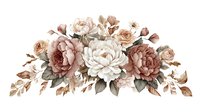 Elegant watercolor floral arrangement with white and dusty rose peonies, garden roses, and delicate foliage in vintage muted tones. Perfect for wedding stationery.