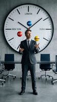 Professional businessman presenting global time management strategy in modern conference room with world clock displaying international cities.