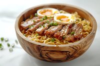 Steaming ramen noodle soup with tender sliced duck breast, soft-boiled egg, and fresh herbs served in wooden bowl against light background. Asian cuisine.