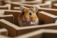 Curious golden hamster peeking out from wooden maze structure, showcasing adorable expression with bright eyes and tiny paws against blurred brown background.