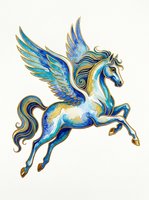 Majestic winged horse with blue and gold accents, isolated on transparent background. Ready for t-shirts, stickers, clipart, sublimation, and print-on-demand designs.