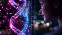 Young Caucasian woman in profile view observing glowing DNA helix structure with purple and blue particles against dark background with bokeh lights and digital effects.