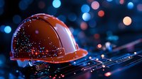 Orange construction hard hat with glowing particles on dark background with bokeh lights and digital circuit board elements, representing smart construction technology.