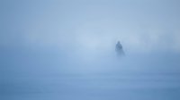 Solitary figure standing in dense fog during winter, creating atmospheric and moody landscape for conceptual and editorial use.