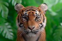 Close up portrait of young Bengal tiger face with intense gaze against green jungle foliage background showing detailed facial features and distinctive orange fur pattern.