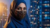 Young Middle Eastern woman wearing ornate face mask and blue hijab against blurred city lights at sunset for cultural fashion and modern lifestyle concepts.