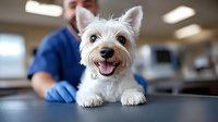 Happy West Highland White Terrier puppy at veterinary clinic during checkup with vet in blue scrubs and protective mask examining small white dog.