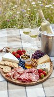 Outdoor picnic spread with white wine, charcuterie board featuring cured meats, cheeses, fresh berries, nuts, crackers and olives on checkered blanket with wildflower meadow background.