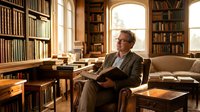 Elderly Caucasian man with glasses reading book in luxurious home library with wooden bookshelves and warm natural lighting for education and lifestyle concepts.
