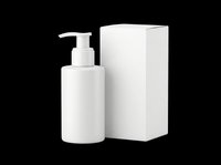 White pump dispenser bottle with blank packaging box, isolated on transparent background. Mockup for cosmetic, lotion, or soap branding and print on demand design.