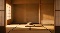 Traditional Japanese interior with tatami mats, shoji screens and warm sunlight streaming through paper windows creating peaceful meditation space.