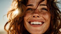 Young woman with freckles and curly hair smiling joyfully in golden sunlight. Natural beauty portrait showing genuine happiness and positive emotions outdoors.